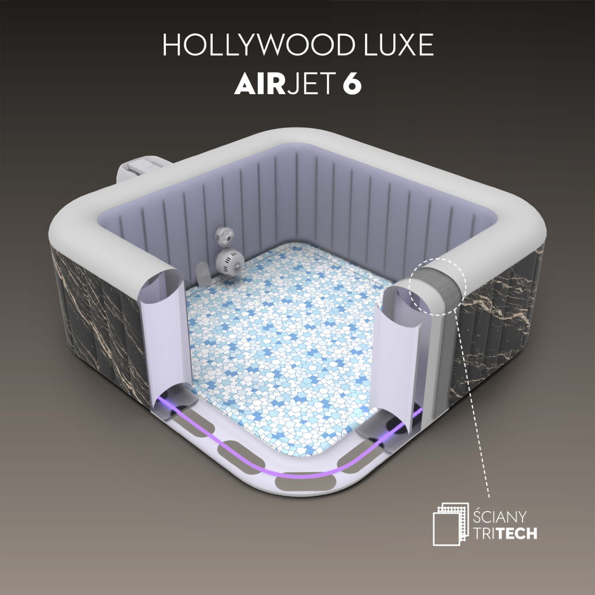 Przekrój ściany jacuzzi obrazujący trójwarstwową strukturę materiału. 